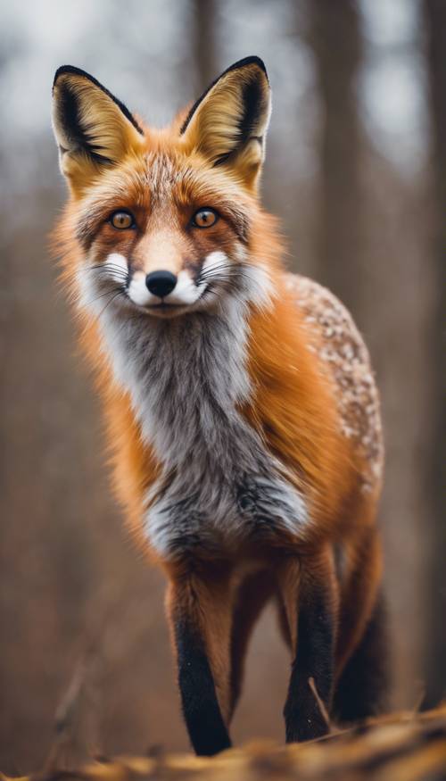 Ein Fuchs trabt durch einen Wald, sein Fell ist mit orangefarbenen Tarnflecken gemustert.