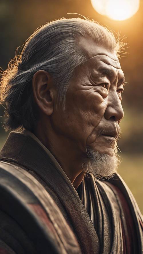 Un samurái anciano mirando hacia el atardecer con esperanza en sus ojos.