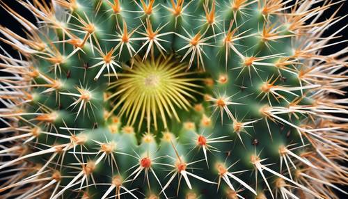 A top-down view of a barrel cactus with a circular array of sharp spines.