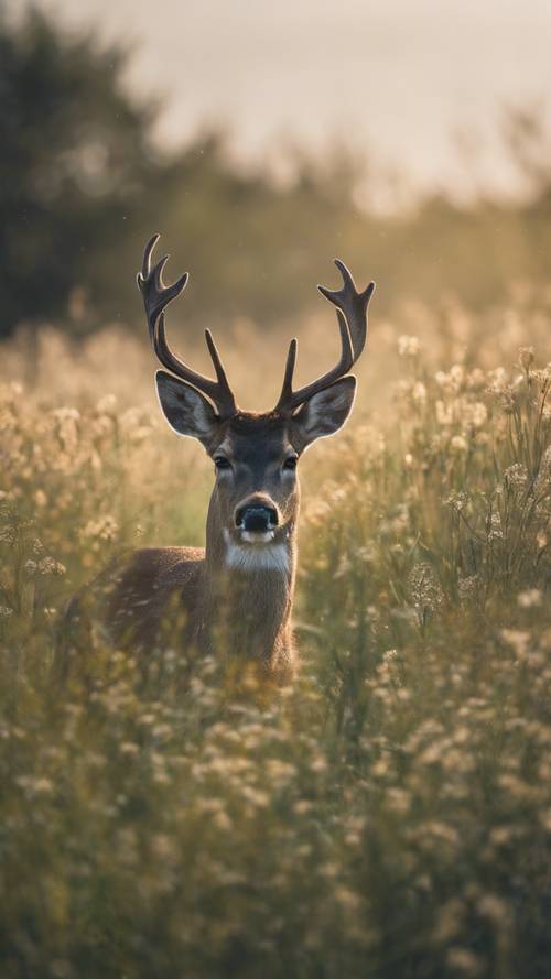 Un cerf broutant paisiblement dans une prairie humide de rosée représente « Un esprit calme est capable d&#39;entendre l&#39;intuition plutôt que la peur ».