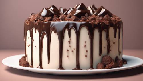 A 3D render of a chocolate cake with a mouthwatering ganache covering it.