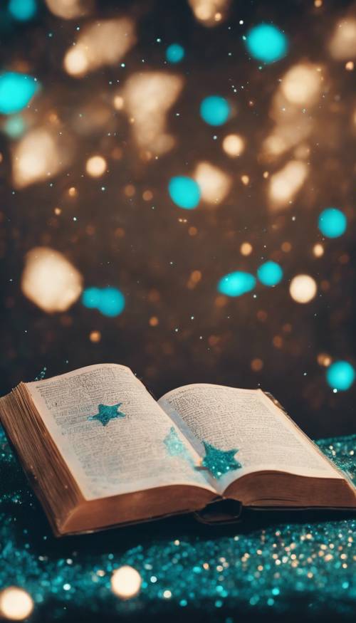 Livro aberto sob o luar com feitiços mágicos brilhando em glitter turquesa.