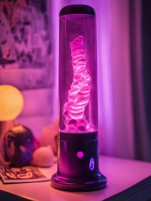 Y2K 테마의 십대 침실에서 은은하게 빛나는 보라색 라바 램프입니다.