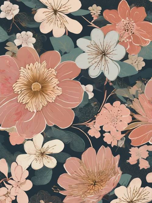 传统日本艺术风格的迷人花卉图案。