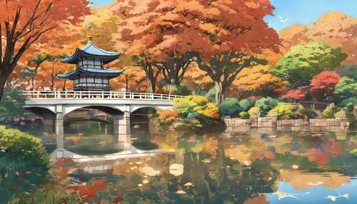 A peaceful anime illustration of Hamarikyu Gardens in Tokyo during autumn.