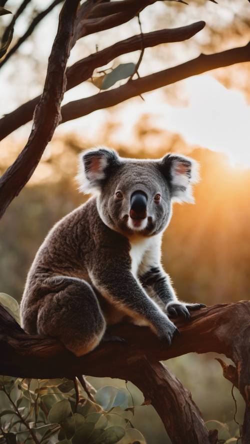 Un hermoso amanecer sobre la naturaleza australiana con la silueta de un koala en primer plano.