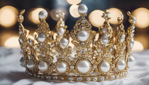 An ornate white and gold crown embedded with diamonds and pearls.
