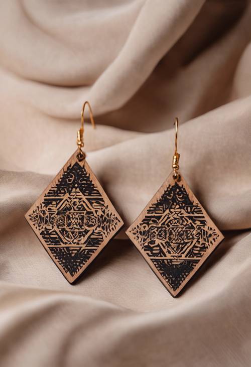 Elegant wooden earrings crafted with intricate patterns, displayed on a black velvet fabric.