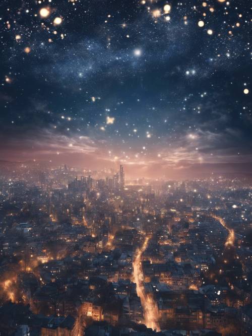 Magiczne miasto unoszące się na niebie pod osłoną migoczących gwiazd.