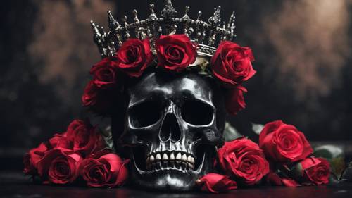 Tengkorak berwarna hitam dengan mahkota bunga mawar, melambangkan keindahan dalam kegelapan.