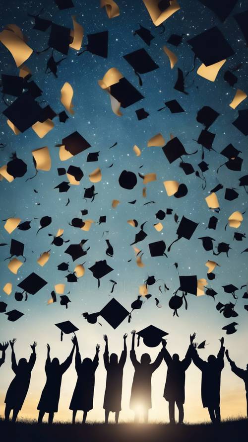 Surrealistyczna scena przedstawiająca sylwetki wielu absolwentów wysyłających czapki dyplomowe lecące w stronę nocnego nieba oświetlonego księżycem.