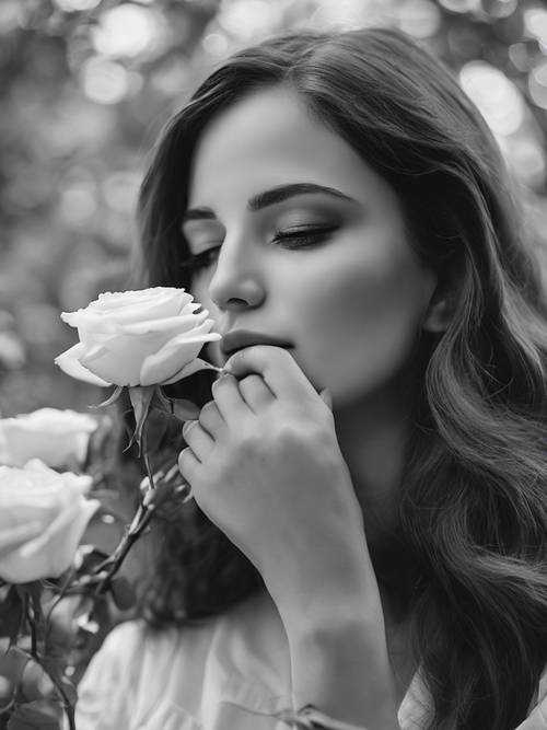 Ein altes Schwarzweißfoto, das eine junge Frau zeigt, die an einer weißen Rose riecht.