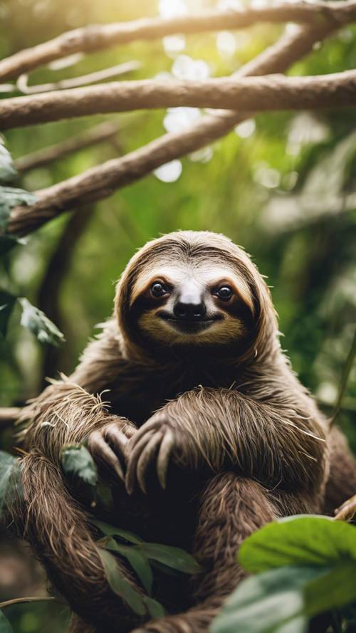 A sloth behaving protectively around its food in a densely populated forest.