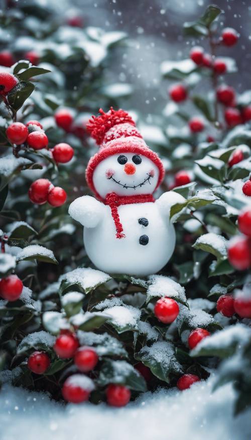 A smiley little snowman surrounded by Christmassy red-berried holly bushes in a snowy garden.