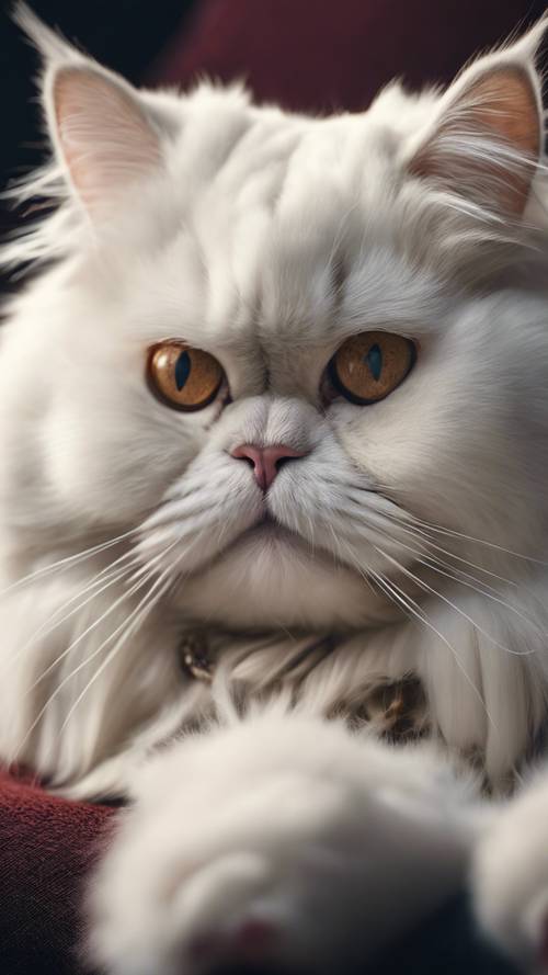 Um idoso gato persa branco, esparramado vagarosamente sobre uma luxuosa almofada de veludo, exalando exuberância e realeza.