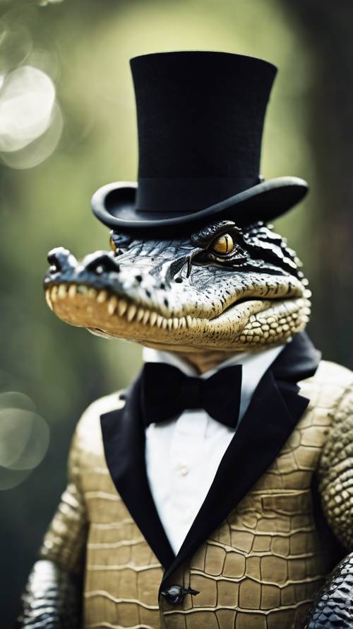 صورة فكاهية لتمساح يرتدي قبعة عالية ونظارة أحادية كما لو كان في تمويه متطور.