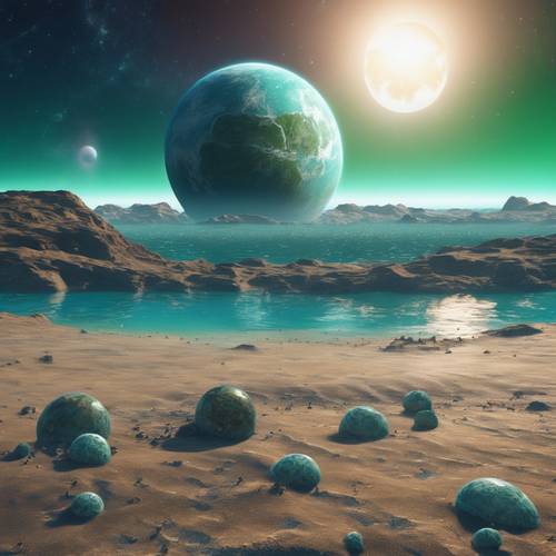 Un planeta alienígena parecido a la Tierra con un mar azul y masas de tierra verdes, y una luna puesta en su horizonte.
