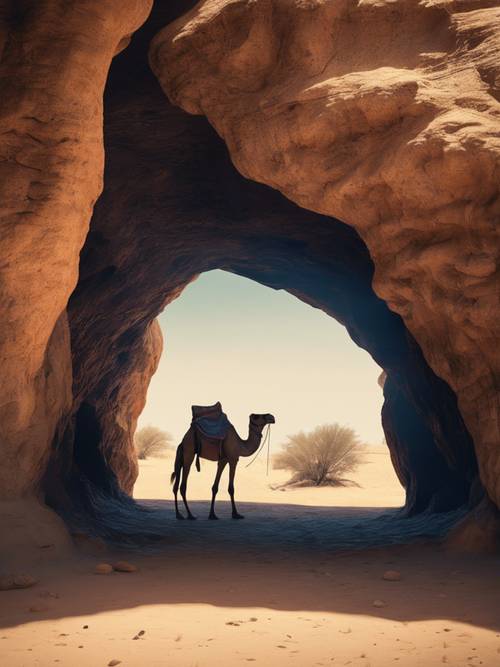 A hidden cave in the heart of a desert, providing shade and respite to a weary traveler and his camel.