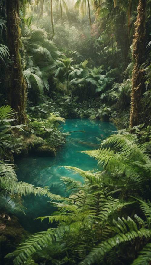 Laguna tenang yang tersembunyi di jantung hutan hujan tropis, dikelilingi oleh pakis dan bunga yang semarak.