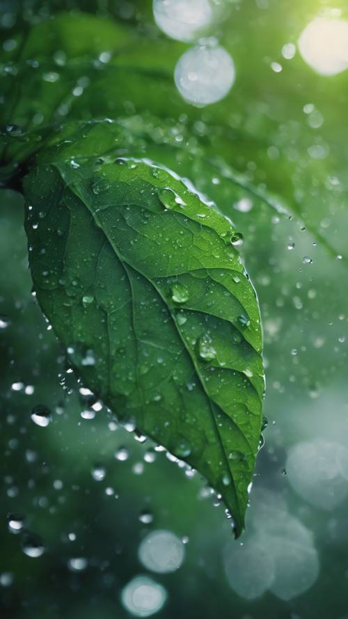 ฝนโปรยลงมาบนใบไม้สีเขียวกว้าง