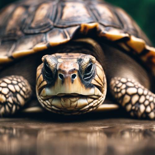 Nahaufnahmeporträt einer Schildkröte mit durchdringenden Augen und einer Orowo-Schildkröte mit rissiger Haut.
