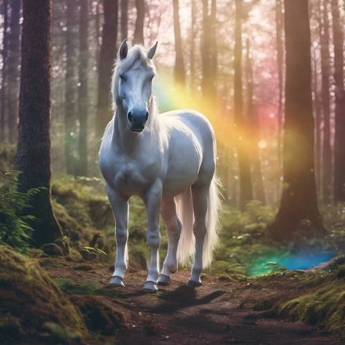 Seekor unicorn yang penasaran di bawah pelangi yang menakjubkan di dalam hutan mistis.