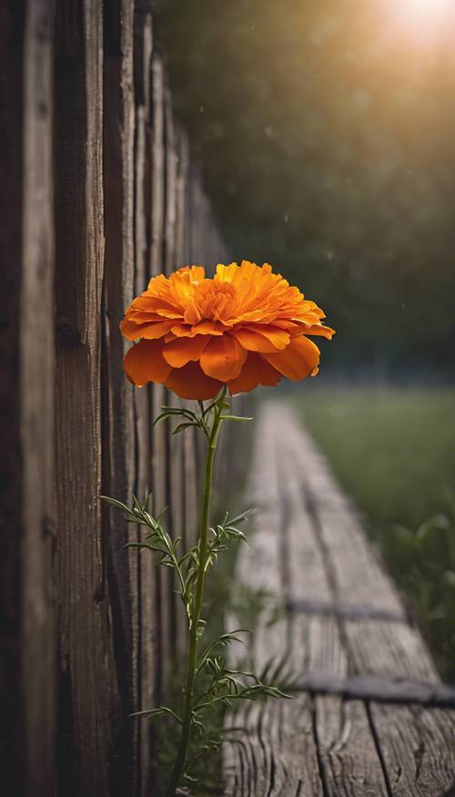 A glowing orange marigold poised in front of a rustic wooden fence.