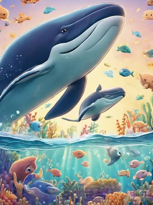 A kids-friendly cartoon of playful whales showing the importance of family bonds.