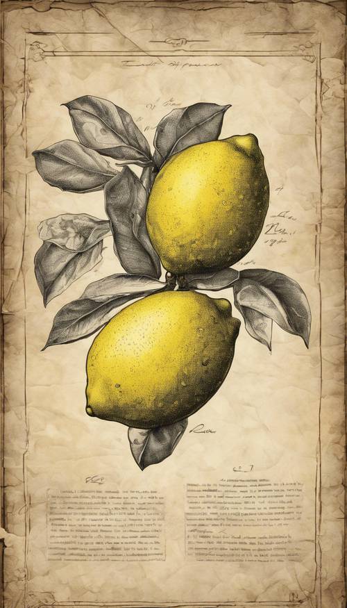 Satu buah lemon vintage yang digambar dengan cermat dengan tekstur detail pada perkamen tua.