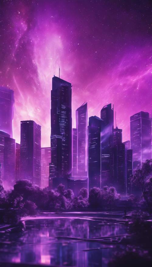 A futuristic cityscape under purple auroras with a motivational quote in the sky. Tapeta na zeď [143eaf2d8e5c43ecb4d7]