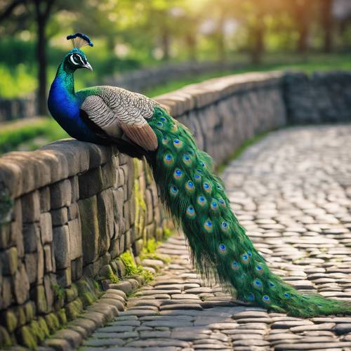 Un pavone verde con le sue vivaci penne della coda è disteso, in piedi in cima a una recinzione di ciottoli.