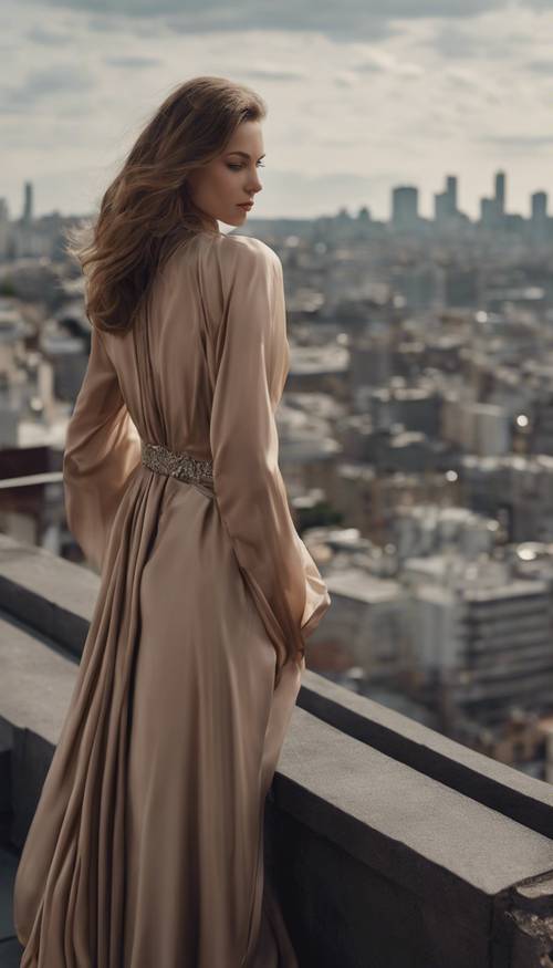 Modelka elegancko ubrana w ciemnobeżową jedwabną suknię, stojąca na dachu z widokiem na miasto.
