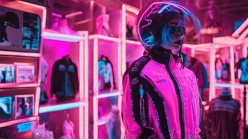 A glowing neon Y2K streetwear outfit displayed on a mannequin in a futuristic cyber outlet.