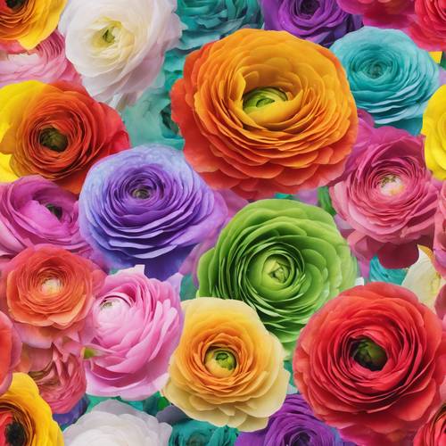 Kolase digital bunga ranunculus dengan percikan warna pelangi yang cerah.