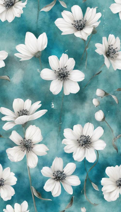水彩画の背景に青い水に白い花がディスプレイされた壁紙　