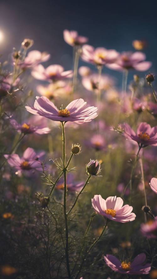 Bountiful cosmos flowers under the soft glow of moonlight.