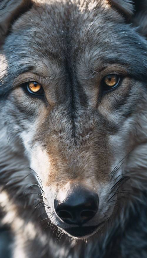 A close-up portrait of a blue wolf showcasing its fierce eyes and sharp teeth.