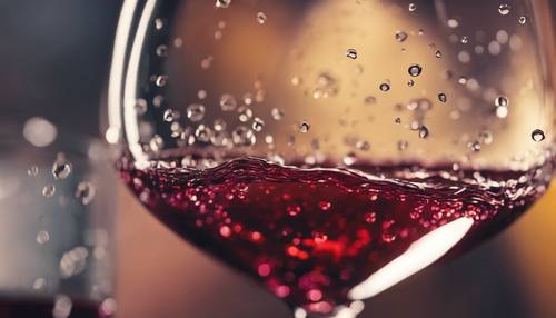 Visão macro de gotas de vinho na borda de uma taça de vinho.