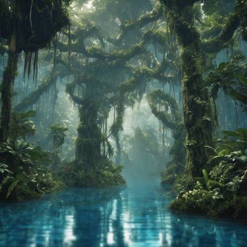 Uma abordagem surrealista de uma floresta amazônica, pincelada com uma paleta de azul.