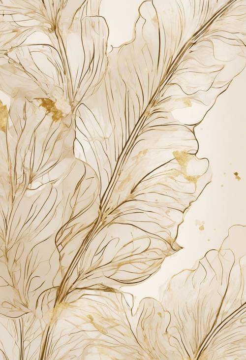 Forme astratte botaniche disegnate a linee in color crema con sottili riflessi dorati metallizzati.