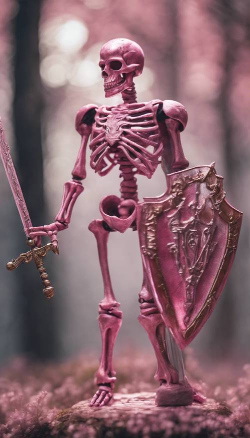Um esqueleto rosa transparente segurando uma espada e um escudo, pronto para uma batalha.