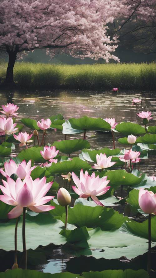 Kolam teratai yang tenang dengan bunga berwarna merah muda dan putih yang mekar penuh.