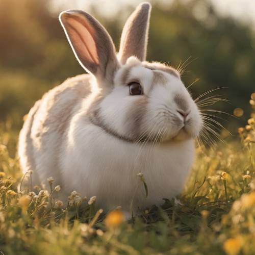 Un conejo gordito de orejas caídas descansando perezosamente en un prado durante el amanecer.
