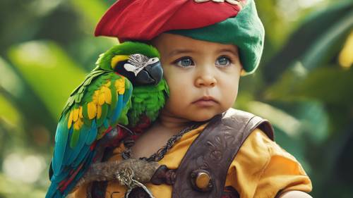 Mały pirat z przepaską na oku i tropikalną papugą na ramieniu.