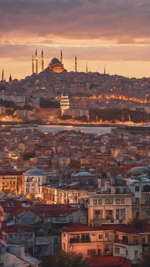 O fascinante horizonte de Istambul, onde o Oriente encontra o Ocidente, ao entardecer.