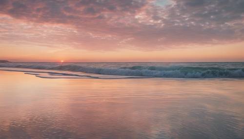 Un patrón relajante y continuo de olas rompiendo bajo una puesta de sol pastel.