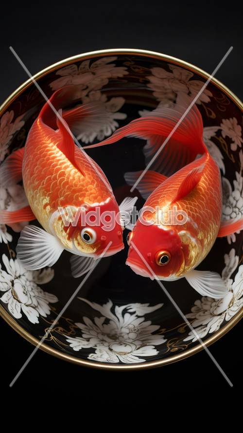 Dwie złote rybki pływają elegancko w zdobionej misce