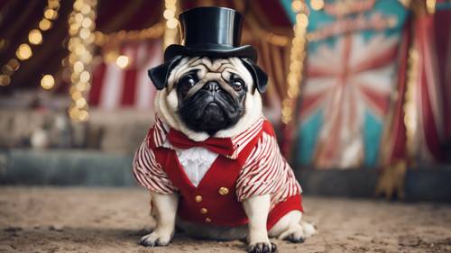 Chú chó pug mũm mĩm dễ thương trong bộ trang phục của người chỉ huy rạp xiếc sọc cổ điển.
