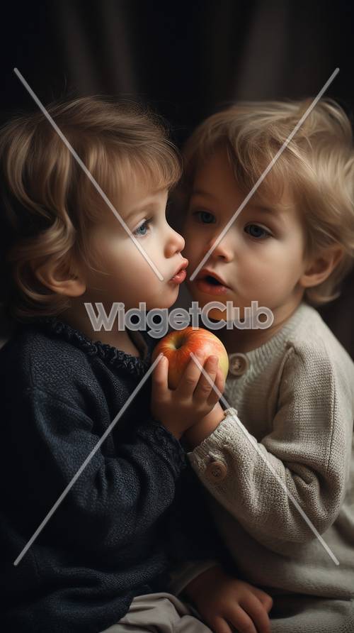 Hai đứa trẻ dễ thương chia sẻ một quả táo