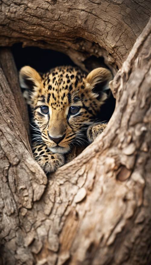 A snoozing baby leopard cuddled up in a hollow tree trunk.
